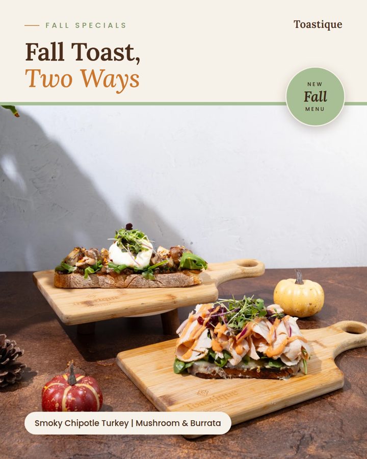 Social media post sample for fall toast specials: smoky chipotle turkey and mushroom burrata