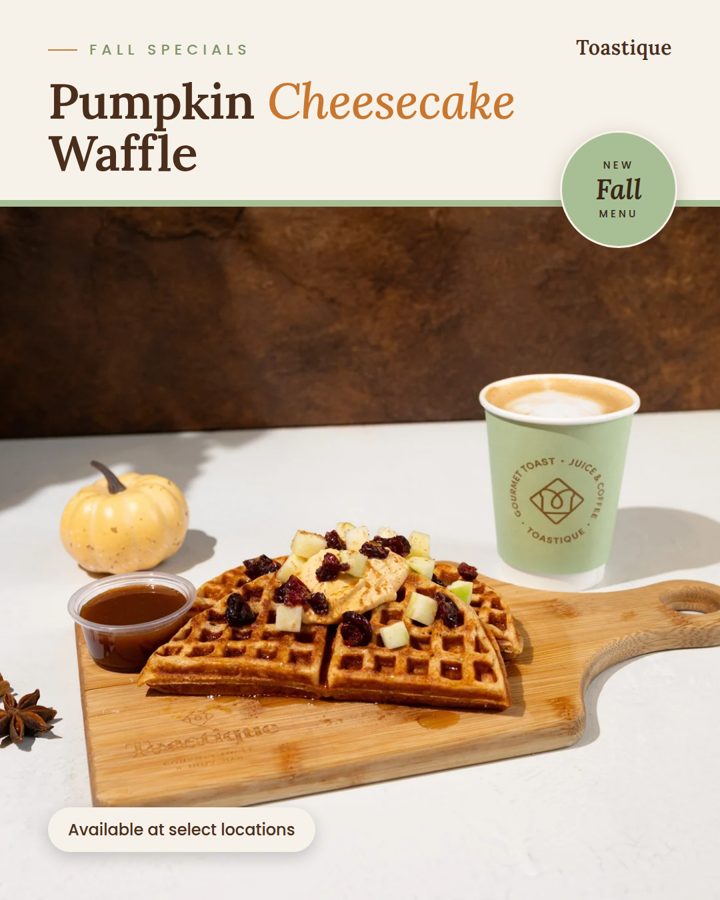 Social media post sample for a pumpkin cheesecake protein waffle